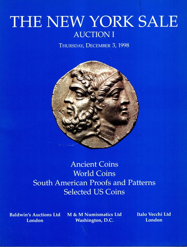 BALDWIN'S - M&M NUMISMATIC LTD - VECCHI Italo -  Aution 1. New York, 3 - December, 1998. Ancient coins, World coins …. Pp 117, lots 605, tutti illustrati nel testo + 4 tavole a colori. Legatura ed. ottimo stato.
