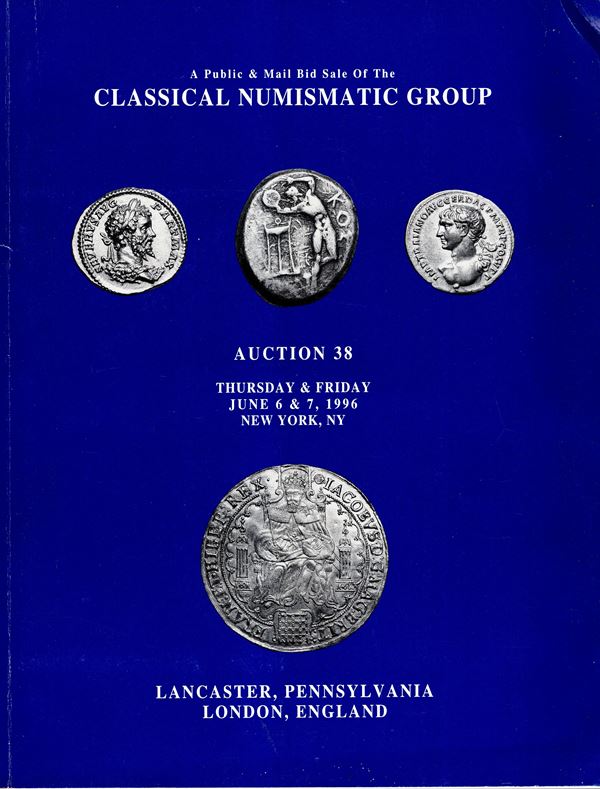 CNG - Auction 38. A public &mail bid sale. New York, 6\7 - December, 1996. Important selection of roman coinage, a private collection rare bronze coinage from the Island of Salamis, part II of the Williams F. Spengler and Waine G. Sayles reference collection of Zengid-Turkoman figural bronze coins; World coins.. pp 213, lots 1970, tutti illustrati. Legatura ed. lista prezzi Aggiudicazione, buono stato.