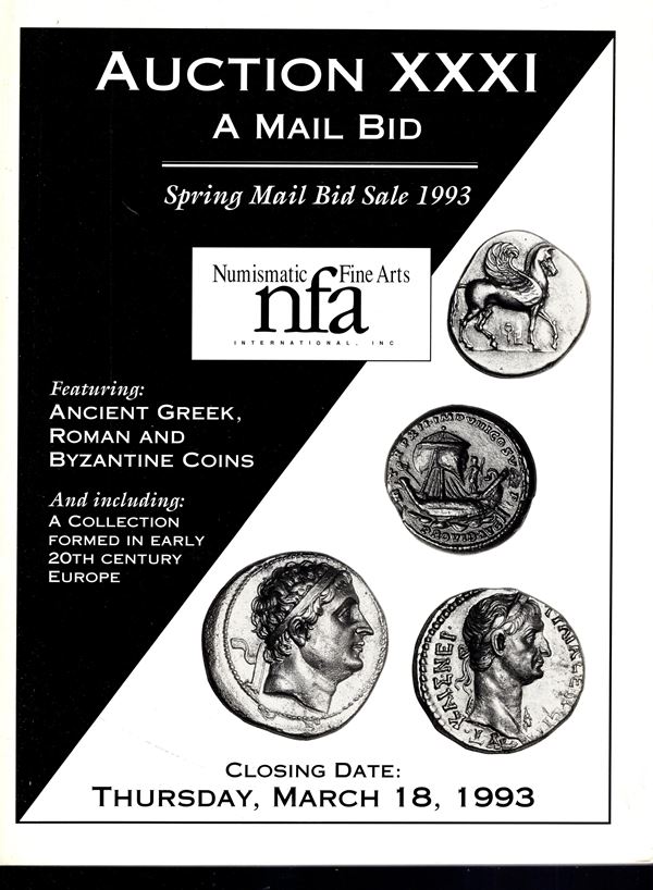 NUMISMATIC FINE ARTS - Auction XXXI.Spring  Mail bid sale,Santa Monica, 18 - March, 1993. Ancient Greek, Roman and Byzantine coins. Pp  non numerate, lots 1521, tutti illustrati in tavole fuori testo. Legatura ed. Lista prezzi Aggiudicazione, buono stato.