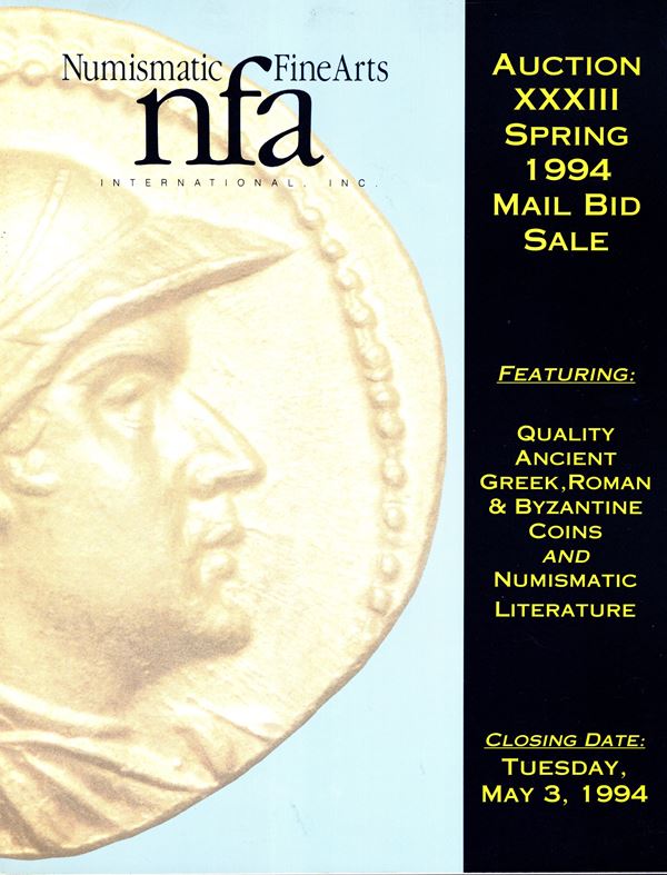 NUMISMATIC FINE ARTS - Auction XXXIII Spring, mail bid sale.  Santa Monica, 3 May, 1994. Quality ancient Greek, Roman and Byzantine coins and literature. Pp non numerate, lots 2388, tutti illustrati in tavole nel testo. Legatura ed. buono stato.