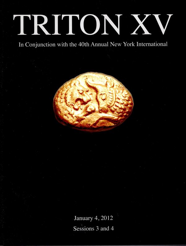CNG - Triton XV, 3 session, New York, 4 - January, 2012. collection fraction from sicilian Naxos. Ancient Gree and Roman coins, Byzantine coinage, World coins. Pp 280, lots 2000, tutti illustrati a colori nel testo. Legatura ed. buono stato, importante vendita.