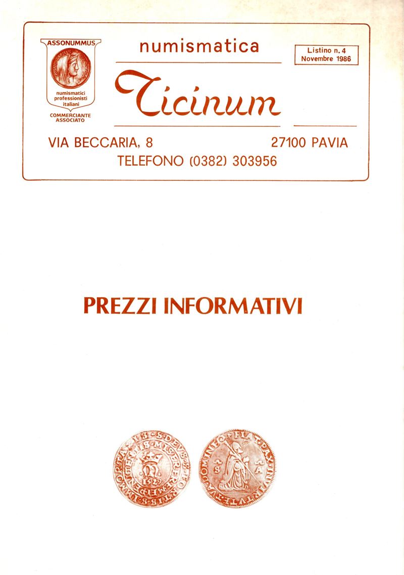 Ticinum Numismatica - Pavia, Listino 4, Novembre, 1986. Monete D'oro, Romane Repubblicane e Imper...