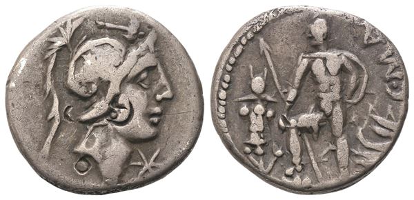 C. Publicius Malleolus, A. Albinus, and L. Caecilius Metellus, Denarius, Rome, 96 BC; AR (3,94 g; 17,4 mm; 6 h)