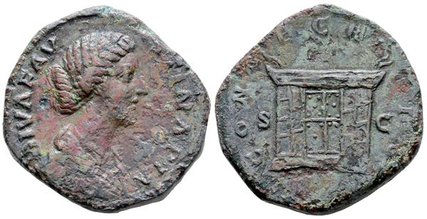 Diva Faustina Junior (died 175-176). Æ Sestertius (31mm, 25.35g). Rome, AD 176. Draped bust r. R/ Altar with closed doors. RIC III 1706 (Aurelius). Near VF