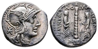 Ti. Minucius C.f. Augurinus, Rome, 134 Bc. Ar Denarius (18 MM, 3.84 G).