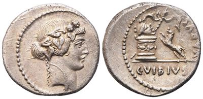 C. Vibius Varus, Denario romano (42 a.C.), testa di Bacco e pantera presso altare