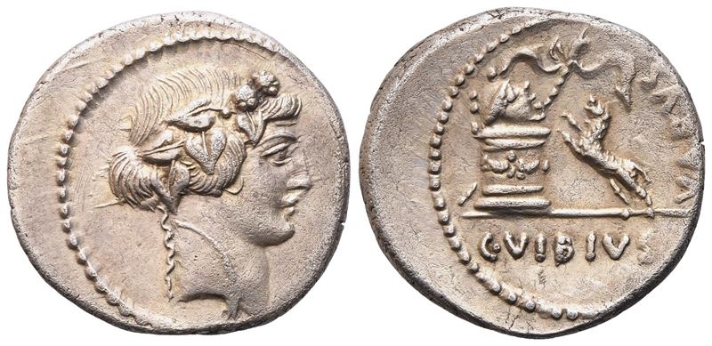C. Vibius Varus, Denario romano (42 a.C.), testa di Bacco e pantera presso altare