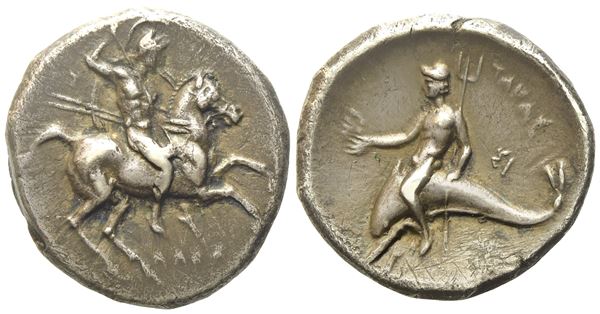 Calabria, Tarentum, Didrachm or Nomos, c. 280-272 BC; AR (6,17 g; 21,4 mm; 3 h)