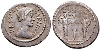 Roman Imperatorial, P. Accoleius Lariscolus, Rome, 41 Bc. Ar Denarius (20 MM, 3.93 G).