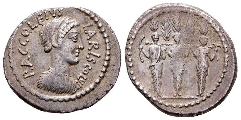 Roman Imperatorial, P. Accoleius Lariscolus, Rome, 41 Bc. Ar Denarius (20 MM, 3.93 G).