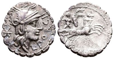 L. Porcius Licinus, Rome, 118 Bc. Ar Serrate Denarius (19 MM, 3.35 G).