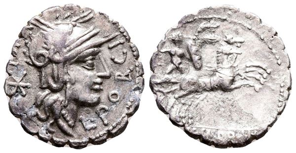 L. Porcius Licinus, Rome, 118 BC. AR Serrate Denarius (19 mm, 3.35 g).