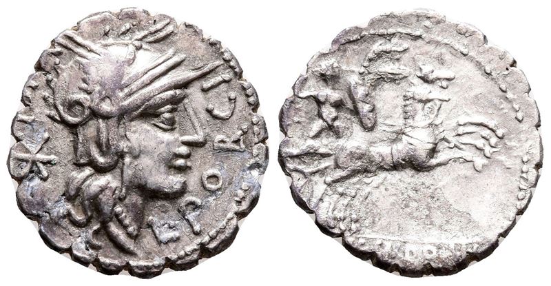 L. Porcius Licinus, Rome, 118 Bc. Ar Serrate Denarius (19 MM, 3.35 G).