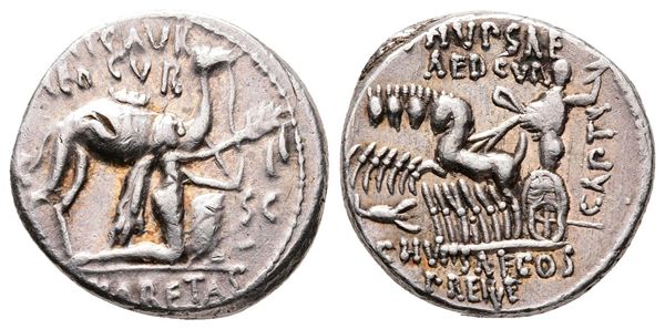 M. Aemilius Scaurus and Pub. Plautius Hypsaeus, Rome, 58 BC. AR Denarius (18mm, 3.94g).  - Auction Greek, Roman and Byzantine Coins	 - Bertolami Fine Art - Prague