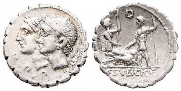 C. Sulpicius C.f. Galba, Rome, 106 BC. AR Serrate Denarius (20 mm, 3.73 g).