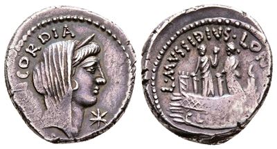 Roman Imperatorial, L. Mussidius Longus, Rome, 42 Bc. Ar Denarius (18 MM, 4.02 G).