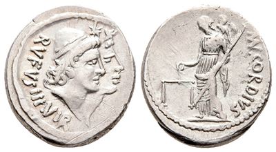 Roman Imperatorial, Mn. Cordius Rufus, Rome, 46 Bc. Ar Denarius (18 MM, 3.87 G).