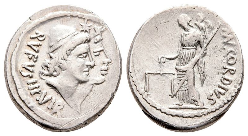 Roman Imperatorial, Mn. Cordius Rufus, Rome, 46 Bc. Ar Denarius (18 MM, 3.87 G).