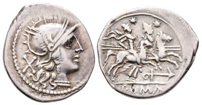 Anchor Series, Rome, 179-170 Bc. Ar Denarius (20 MM, 3.35 G).