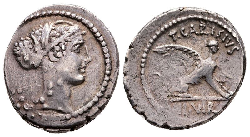 Roman Imperatorial, T. Carisius, Rome, 46 Bc. Ar Denarius (19 MM, 3.90 G).