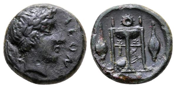 Sicily, Leontinoi, c. 405-402 BC. Æ Tetras - Trionkion (13 mm, 2.15 g).