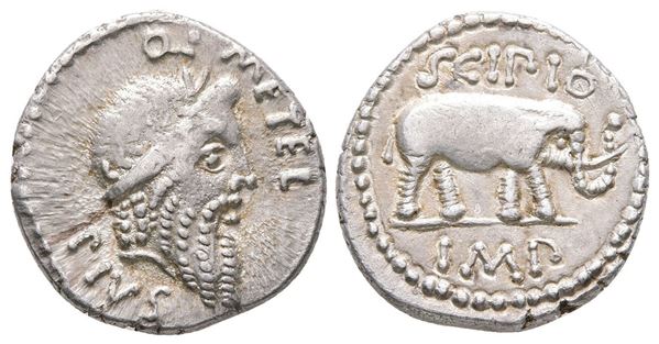 Q. Caecilius Metellus Pius Scipio, Military mint traveling with Scipio in Africa, 47- Spring 46 BC. AR Denarius (18 mm, 3.72 g).
