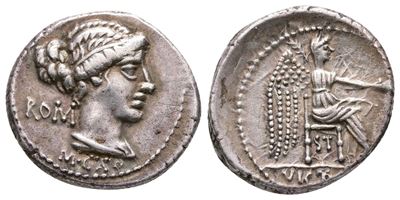 M. Cato, Rome, 89 Bc. Ar Denarius (19 MM, 3.90 G).