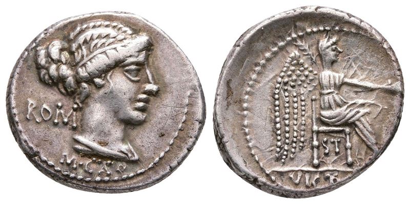 M. Cato, Rome, 89 Bc. Ar Denarius (19 MM, 3.90 G).