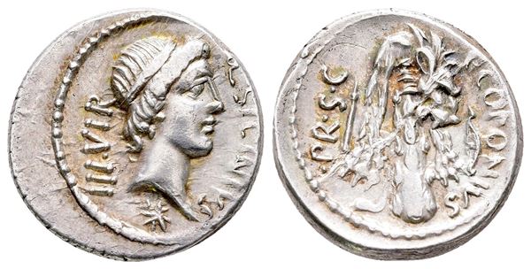 Q. Sicinius and C. Coponius, military mint in the East, moving with Pompey; C. Coponius, praetor, 49 BC. AR Denarius (19 mm, 3.74 g).
