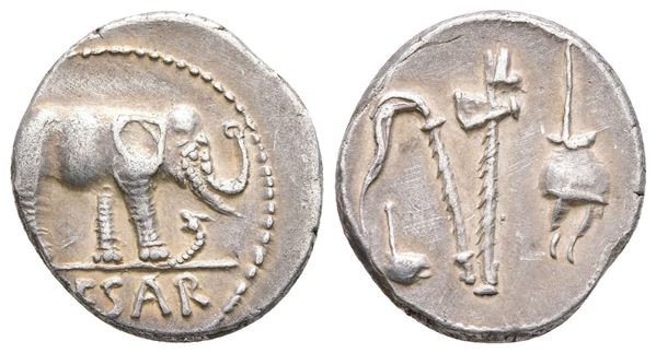 Julius Caesar, military mint traveling with Caesar, April-August 49 BC. AR Denarius (17 mm, 3.87 g).