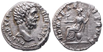 Clodius Albinus, Denario con testa laureata di profilo destro e Roma seduta, AR (3,53 g)