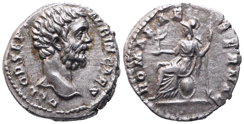 Clodius Albinus, Denario con testa laureata di profilo destro e Roma seduta, AR (3,53 g)