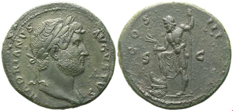 Hadrian, Sestertius di Roma (124-127) — Æ con Nettuno (25,64 g; 35 mm; asse 5 h)