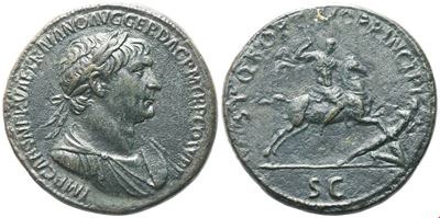 Traiano (98–117), Sesterzio (Sestertius) con dritto laureato e rovescio militare: Æ (25,16 g; 34 ...