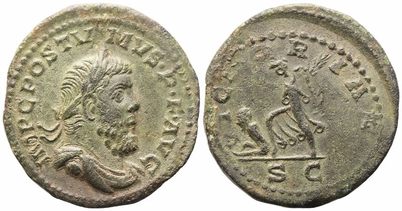 Postumus, Imperium Galliarum (260-269), Sestertius con busto laureato a destra e Vittoria in marc...