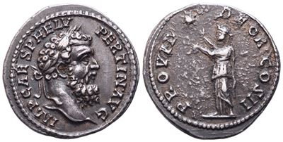 Pertinace, Denario in argento (AR), testa laureata e Providentia