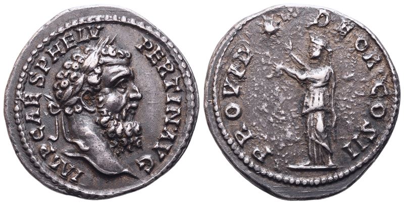 Pertinace, Denario in argento (AR), testa laureata e Providentia