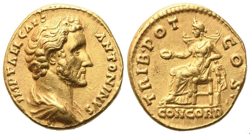 Antoninus Pius (come Cesare), Aureus, con busto velato e scena allegorica Concordia
