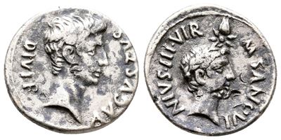 Augustus With Divus Julius Caesar (27 Bc-ad 14). Ar Denarius (19 MM, 2.96 G).