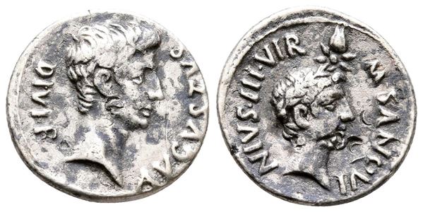 Augustus with Divus Julius Caesar (27 BC-AD 14). AR Denarius (19 mm, 2.96 g).