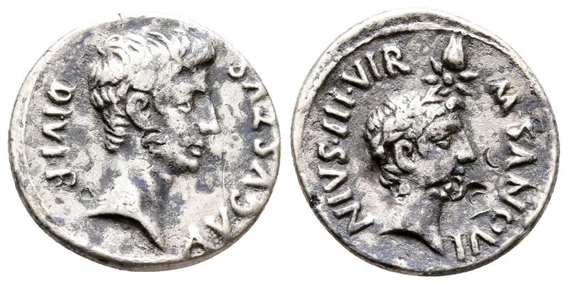 Augustus With Divus Julius Caesar (27 Bc-ad 14). Ar Denarius (19 MM, 2.96 G).