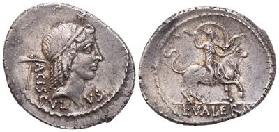 L. Valerius Acisculus, Denario (45 a.C.), AR