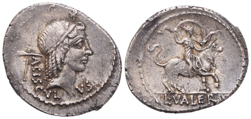 L. Valerius Acisculus, Denario (45 a.C.), AR