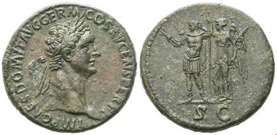 Domiziano (81–96 d.C.), Sesterzio (Sestertius) di Roma, 90–91 d.C., con busto laureato e figura i...