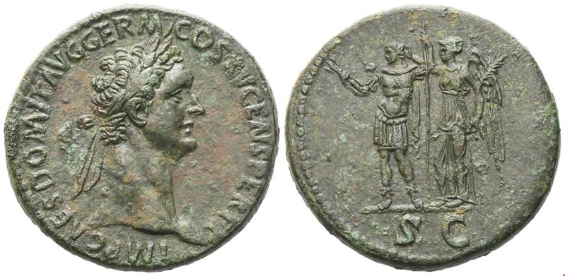 Domiziano (81–96 d.C.), Sesterzio (Sestertius) di Roma, 90–91 d.C., con busto laureato e figura i...