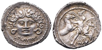 L. Plautius Plancus, Denario romano con testa di Medusa e Vittoria che conduce quattro cavalli (A...
