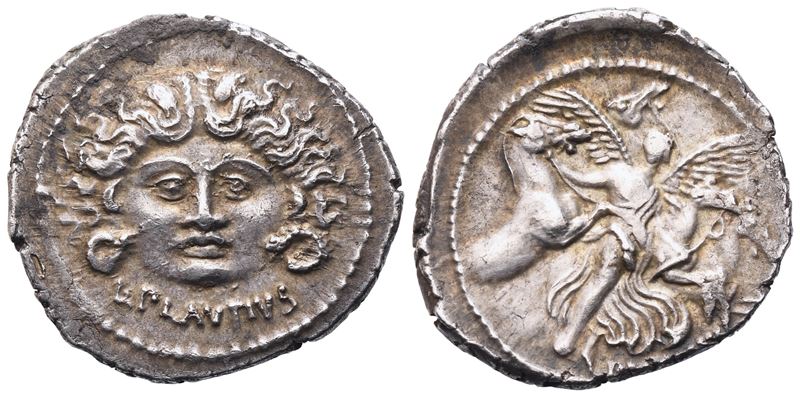 L. Plautius Plancus, Denario romano con testa di Medusa e Vittoria che conduce quattro cavalli (A...