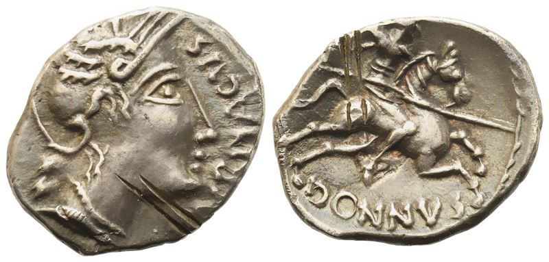 Celtic. Gallia, Rhône valley, Quinarius, c. 75 BC; AR (1,93 g; 16,6 mm)
