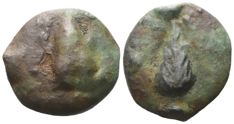 Northern Apulia, Luceria, c. 225-217 BC. Cast Æ Uncia (27.5mm, 22.26g, 9h). Frog. R/ Corn-ear; in...