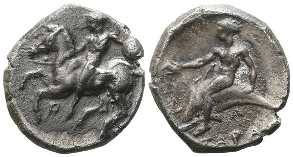Southern Apulia, Tarentum, c. 344-334 BC. AR Nomos (21 mm, 7.90 g).  - Auction GREEK & ROMAN PROVINCIAL COINS AND NUMISMATIC LITERATURE Including a wide selection of Alexandrian Coins from the Dattari Collection - Bertolami Fine Art - Prague